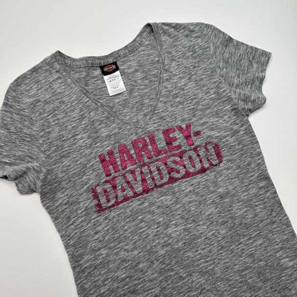 Harley Davidson Babydoll V Neck Fitted Tee in Gray Heather - Picture 2 of 6